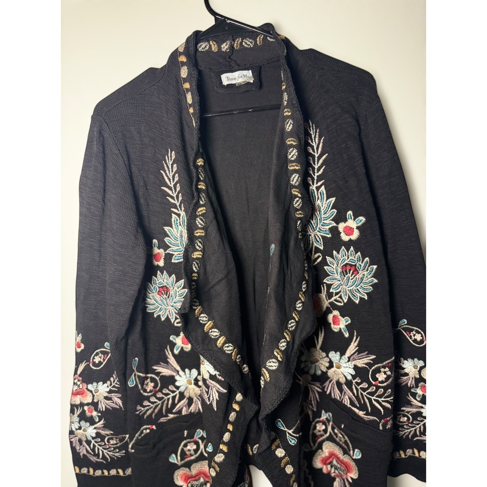 Time for Me Black Floral Embroidered Waterfall Open Front Cardigan Boho Women - Picture 2 of 12